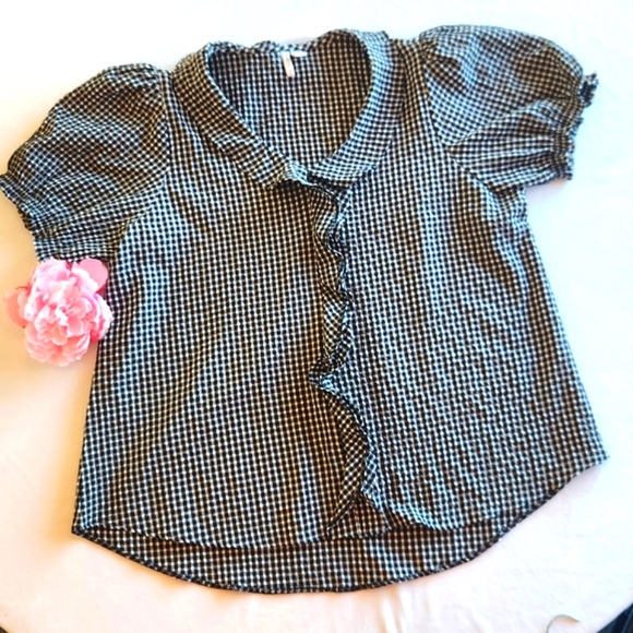 Cato Tops - CATO 2X Black White Gingham Puff Sleeve Ruffle Blouse Top